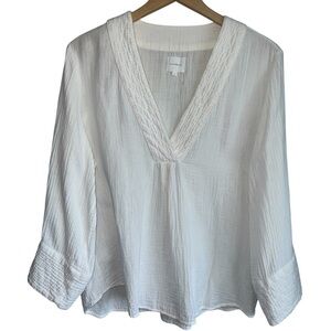 SUNDAYS White‎ Cotton Gauze Long Sleeve V-Neck Top | Relaxed Fit Shirt | Small